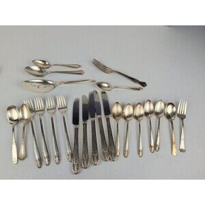 Silver Plate Silverware  Lot Vintage Mixed Spoons Forks Knives Serving Lot Of 23